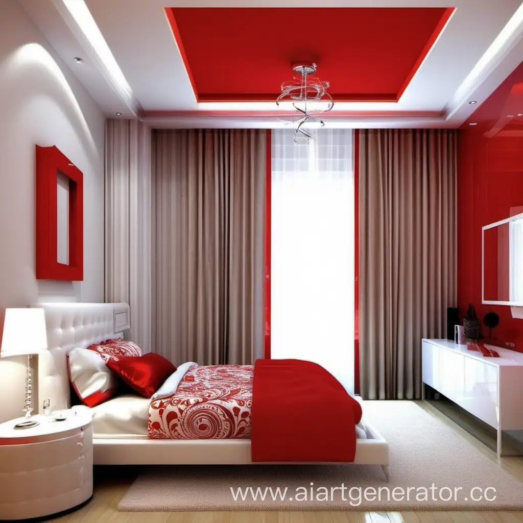 красивый дизайн светлой спальни с красными элементами
