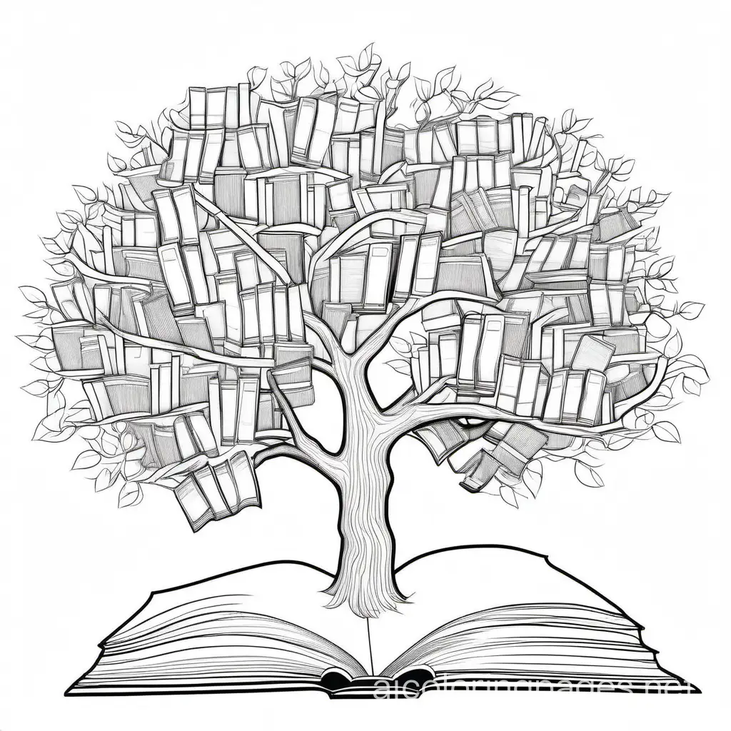 A tree growing books on its branches, Coloring Page, black and white, line art, white background, Simplicity, Ample White Space. The background of the coloring page is plain white to make it easy for young children to color within the lines. The outlines of all the subjects are easy to distinguish, making it simple for kids to color without too much difficulty
