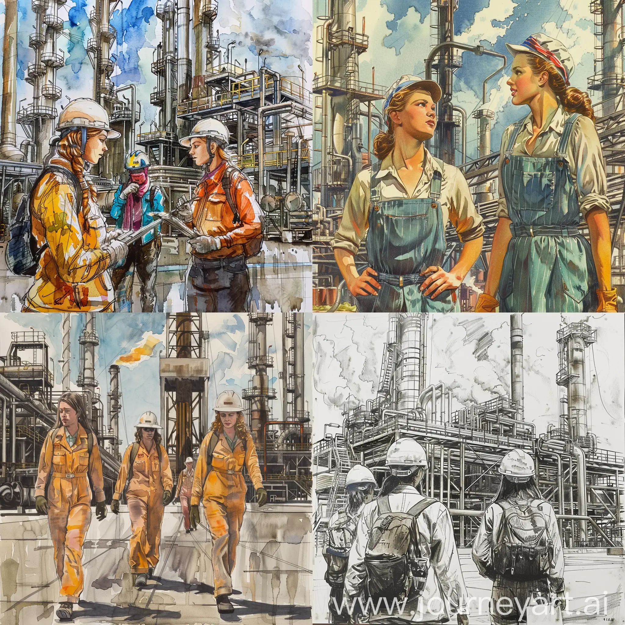 Female-Workers-at-an-Oil-Plant-in-Harmonious-Action