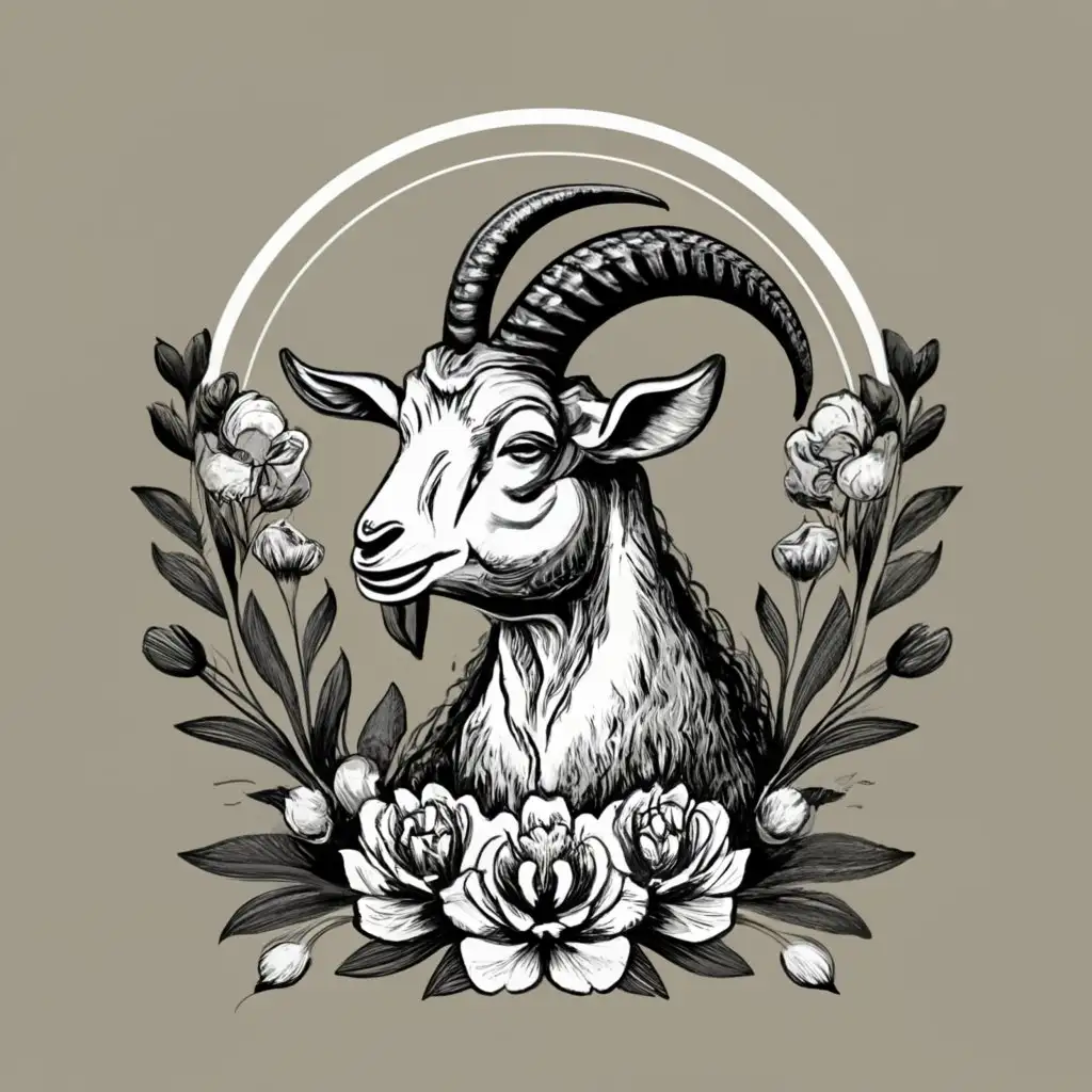 logo, a whimsical and studious goat head with two short horns drawn within a circular floral frame with peonies in black and white with a modern vintage vibe and a white background, be used in Retail industry