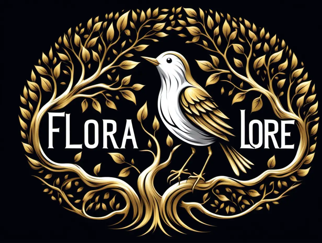 A logo with the name "Flora Lore", a bird signing on top of a tree with roots, use vector image, with black background, use different shades of gold and white in the image