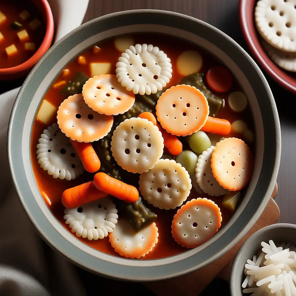 Traditional Japanese Cuisine Rice Crackers in a Savory Stew Bowl