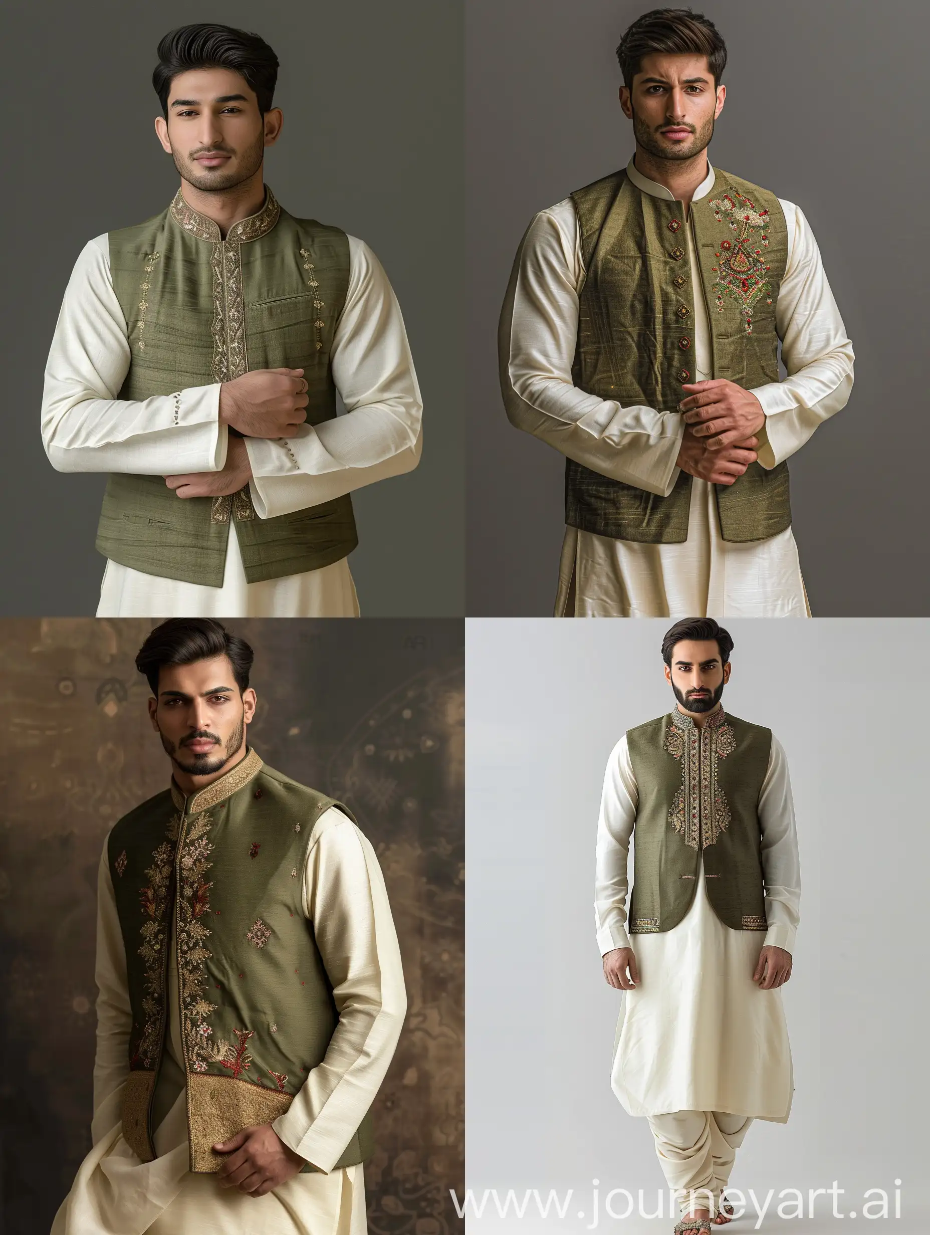 Realistic Portrait of a male model, wearing cream coloured Kameez Shalwar and olive coloured Prince waistcoat, Make the clothes simple, with some embroidery on prince coat, perfect anatomy, hyper-realism, 8K, High-Res.