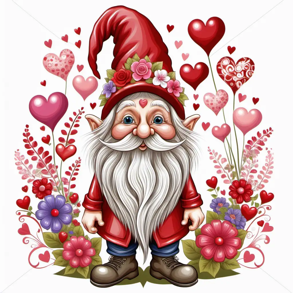 valentine fantasy, whimsical gnome very long beard,decorated hat,flowers,hearts, ,red,pink,white,vector, white 
background 