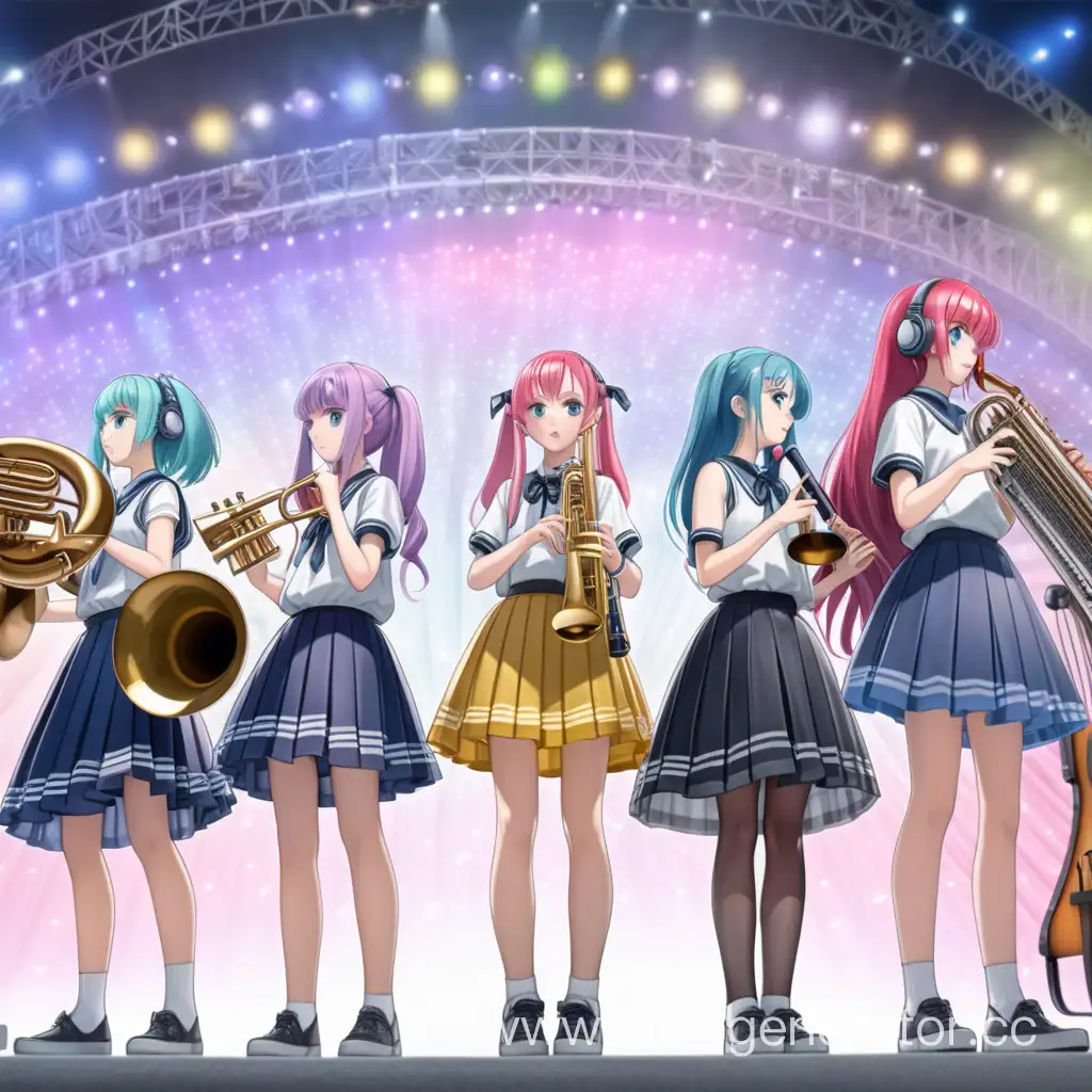 Аниме девочки в юбках стоят с музыкальными инструментами, группа, задумчивые, разноцветные волосы