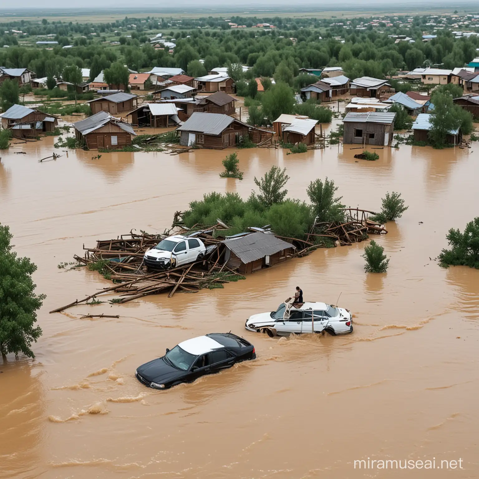 страшное наводнение в казахстане, затопленные дома, люди на крышах домов, плавающие в воде машины, животные, сидящие на досках посреди воды., деревья, торчащие из воды