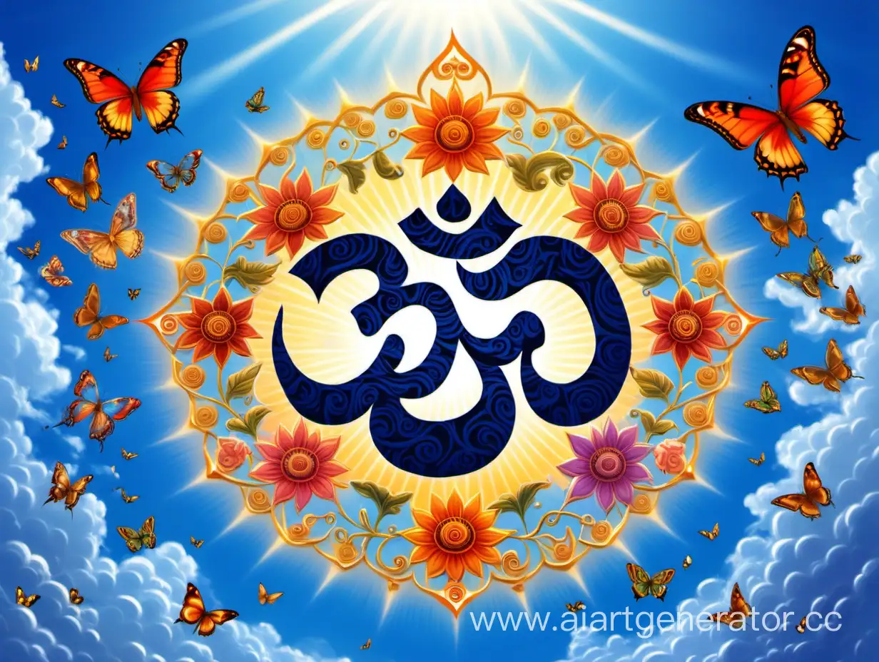 Meditative-Harmony-Aum-Resonating-in-a-Blue-Sky-with-Sun-Butterflies-and-Flowers