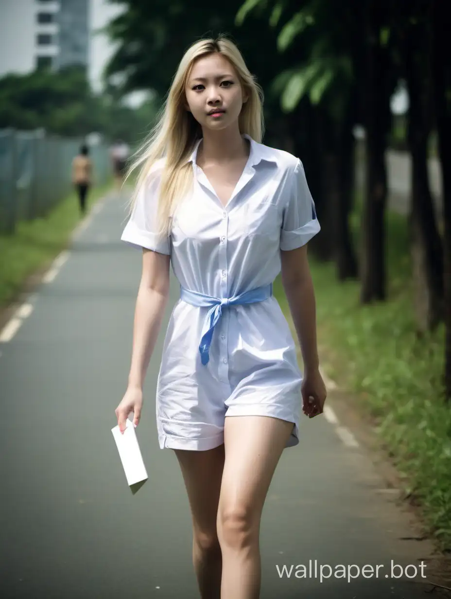 Girl, 27years old, blonde, slim, medium breast, psle, long hair,  in blue shorts and white shirt dress, walking outdoors, full figure.
