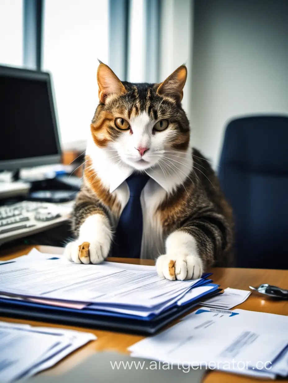 Кот, который проверяет много документов в офисе