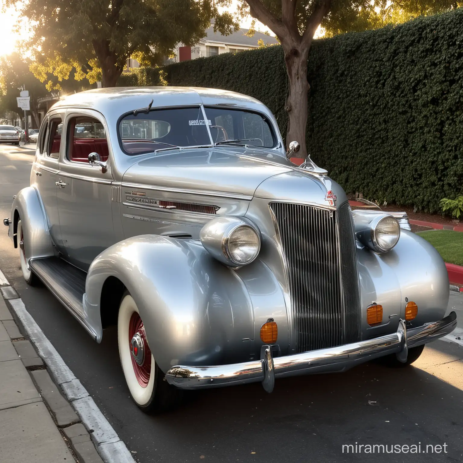 Vintage SilverRed 1937 Oldsmobile in Morning Sunlight San Jos Street Scene