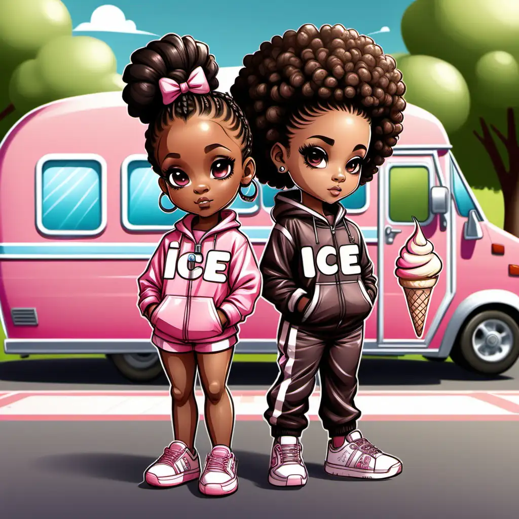Chibi African American Children in Stylish Tracksuits at the Park