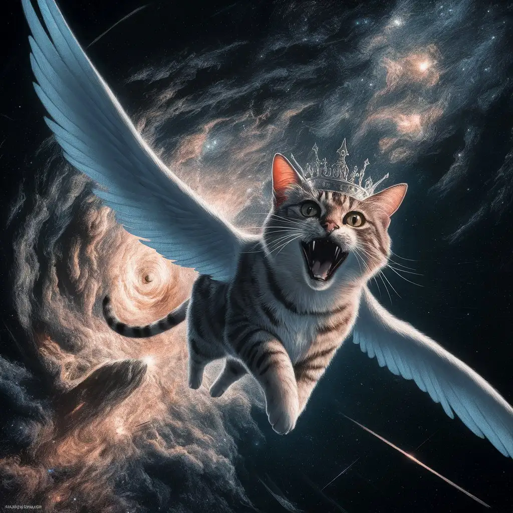 Under the starry sky, a cat with wings flies in space, with a backdrop of rolling stars, mouth wide open.