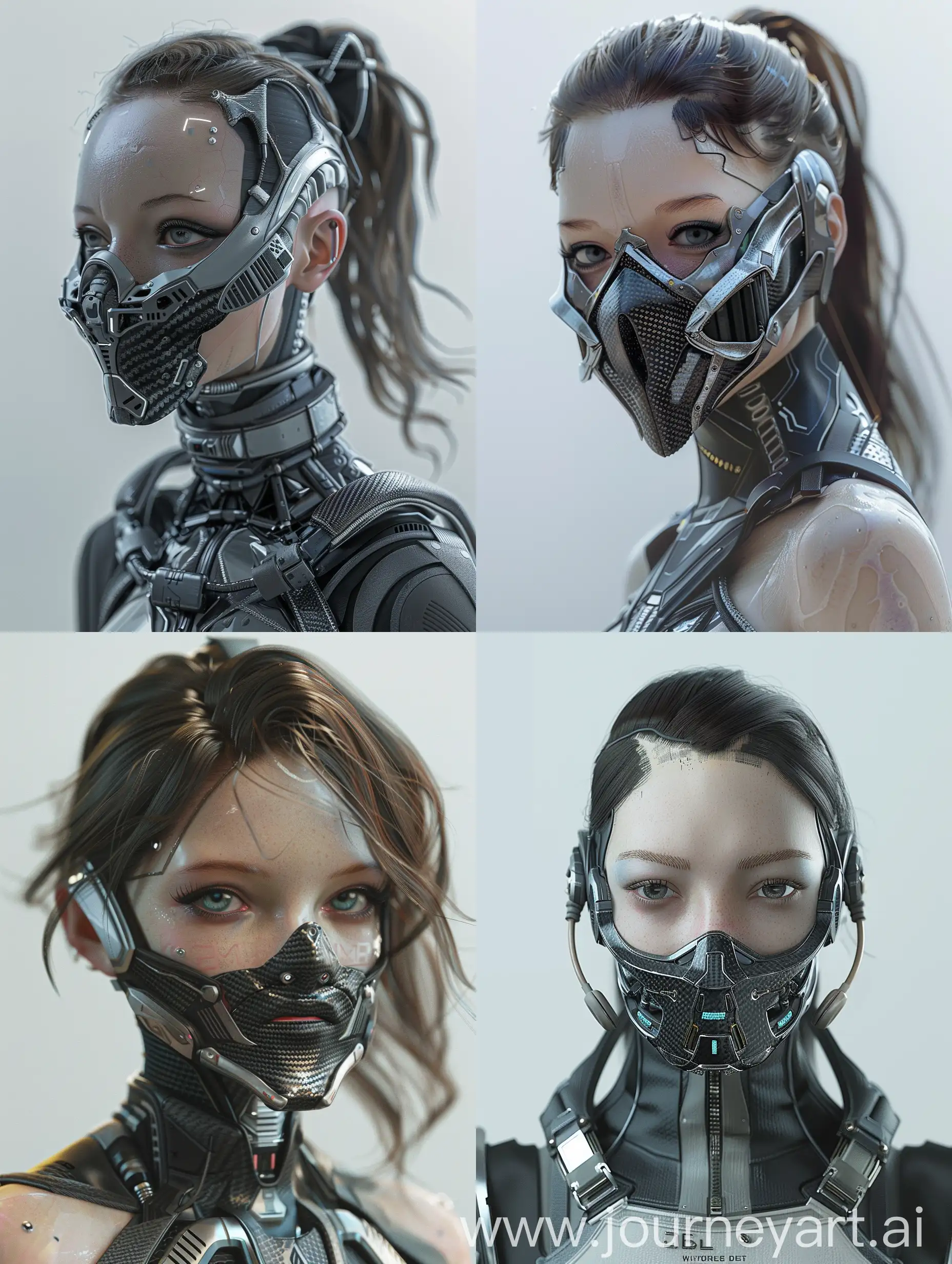 Introducing a captivating character adorned with a cybernetic mouth-covering mask, seamlessly blending cutting-edge technology with intricate details such as carbon fiber textures and aluminum accents. This mask, meticulously crafted to cover only the mouth, epitomizes the perfect fusion of advanced cybernetic enhancements with futuristic elegance. Symbolizing the delicate equilibrium between humanity and machine, her appearance embodies the essence of a futuristic cyberpunk aesthetic. With dynamic poses that exude confidence and mystery, she captivates the viewer with her cybernetic grace, adding depth and personality to the futuristic narrative.