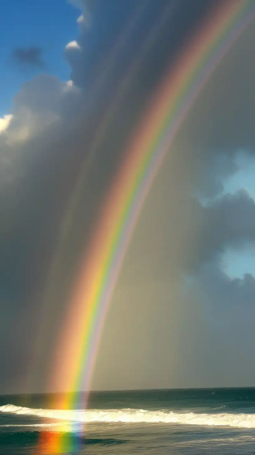 image of beautiful rainbow, in sky, with the sun shining down on the ocean
