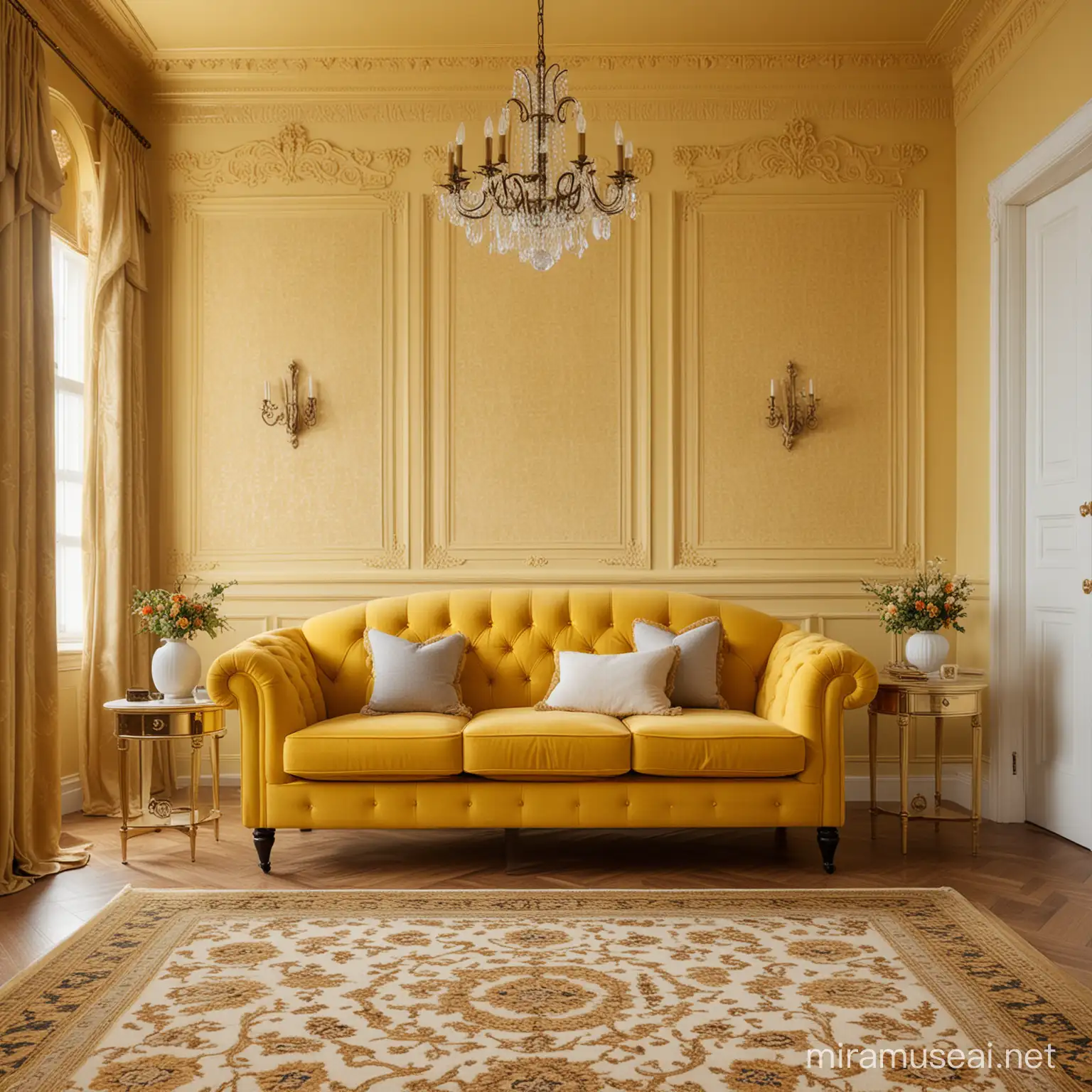 A stunning high-definition studio photo of a tastefully decorated room, featuring yellow and gold wainscoting. In the foreground, there is a plush sofa positioned, a intricately patterned carpet, a tall standing lamp and no any table. The overall atmosphere of the image exudes a sense of serenity and calmness, creating an inviting and soothing ambiance.