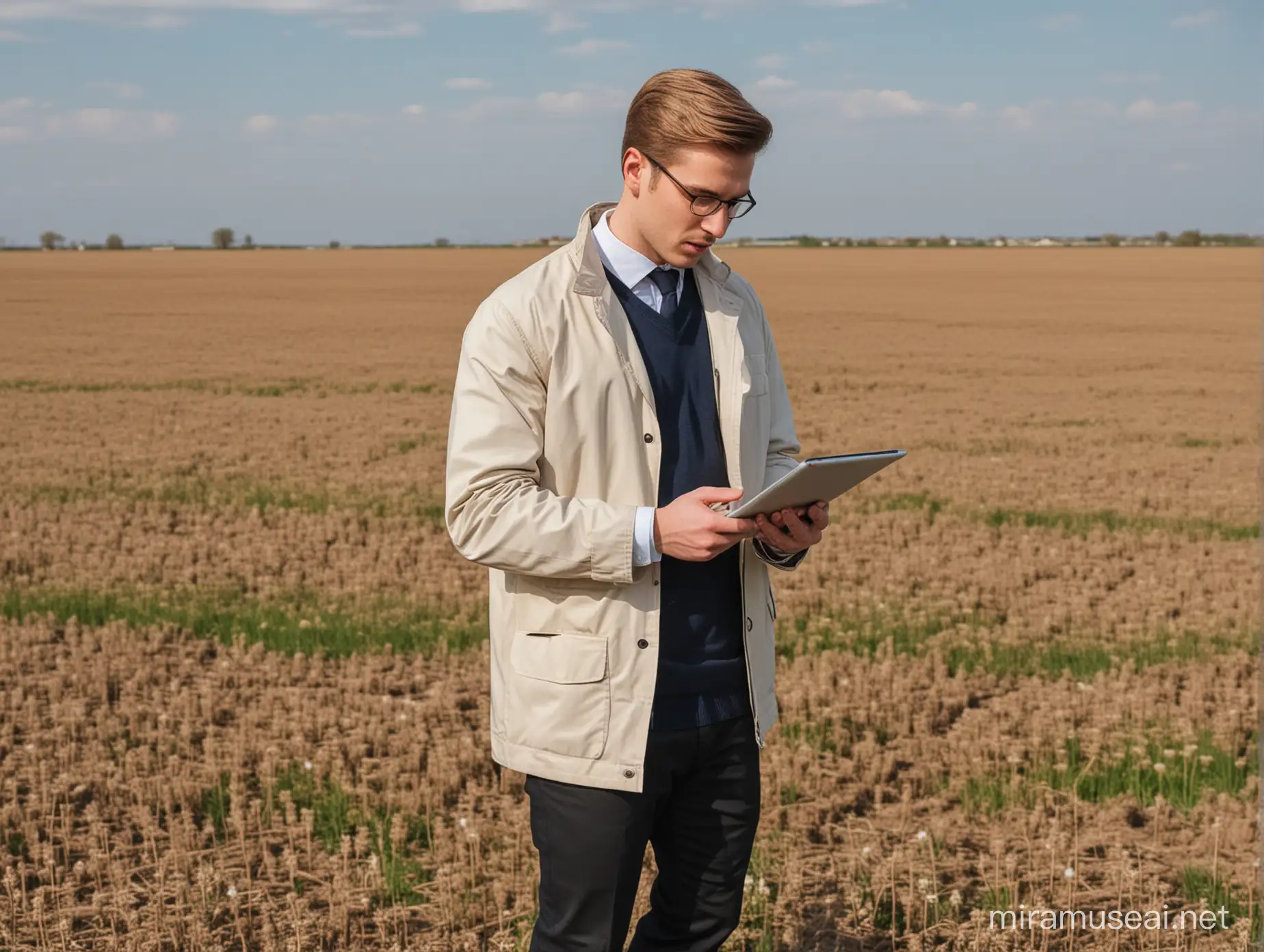 Young Business Consultant Evaluates Techniques with iPad in European Spring Field