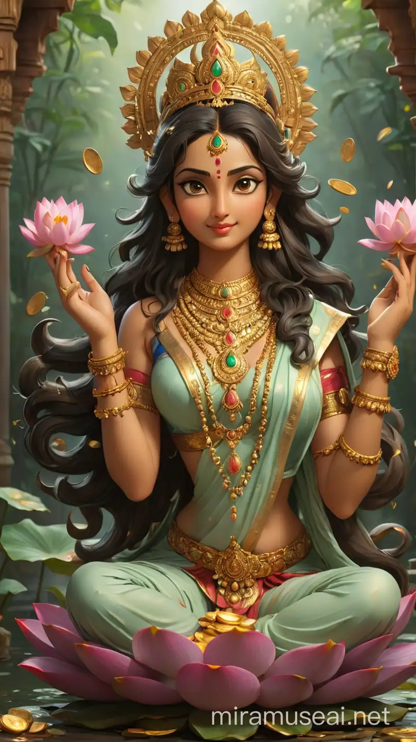 very beautiful looking Goddess Lakshmi in her full glory. sitting in sukasana on a lotus and dropping gold coins from the middle of her right palm.