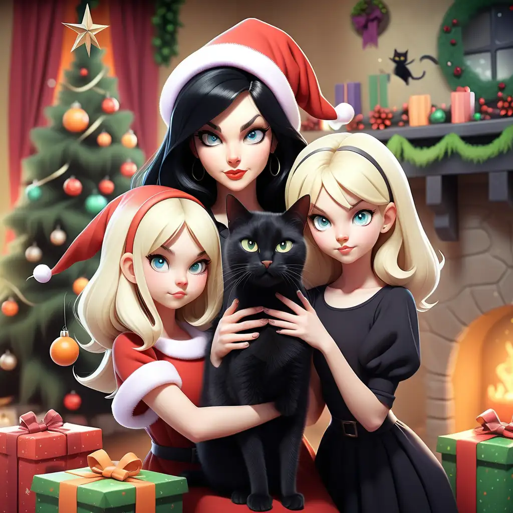 1 mom Witch black-haired,  2 blonde daughters, 1 black cat, Christmas background, 
