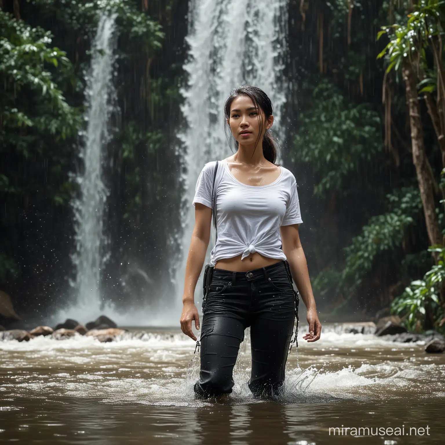 a beautiful Thai woman, who is a member of a special forces unit. He was seen in a forest environment wearing a white t-shirt with a kebaya submerged in water and black short jeans. Waterfalls provide the backdrop as he maneuvers through the wilderness with tactical skill and precision. Shadows that emphasize tension and intensity, heavy rain, wet clothes effects, and water splash effects are clearly visible. Realistic full HD....