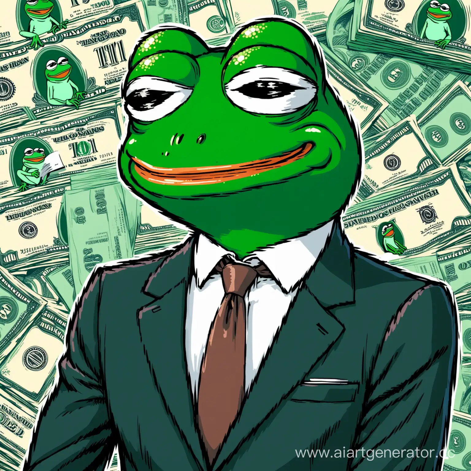 лягушка Pepe в пиджаке с деньгами