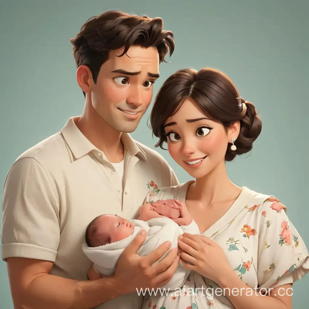 мультяшная пара держит в руках новорожденного ребенка и смотрят на него