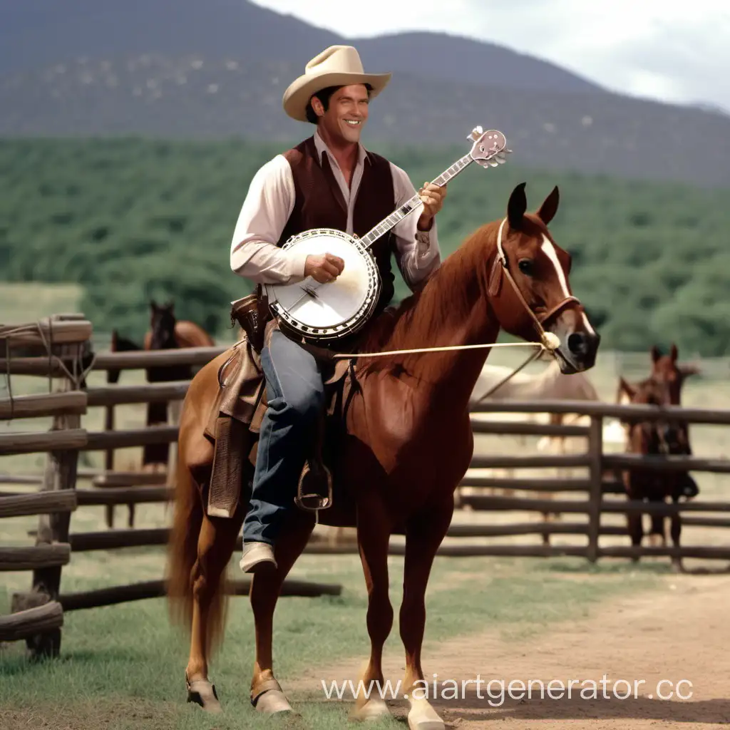 Joe-Playing-Banjo-on-Horseback-in-Scenic-Ranch-Setting