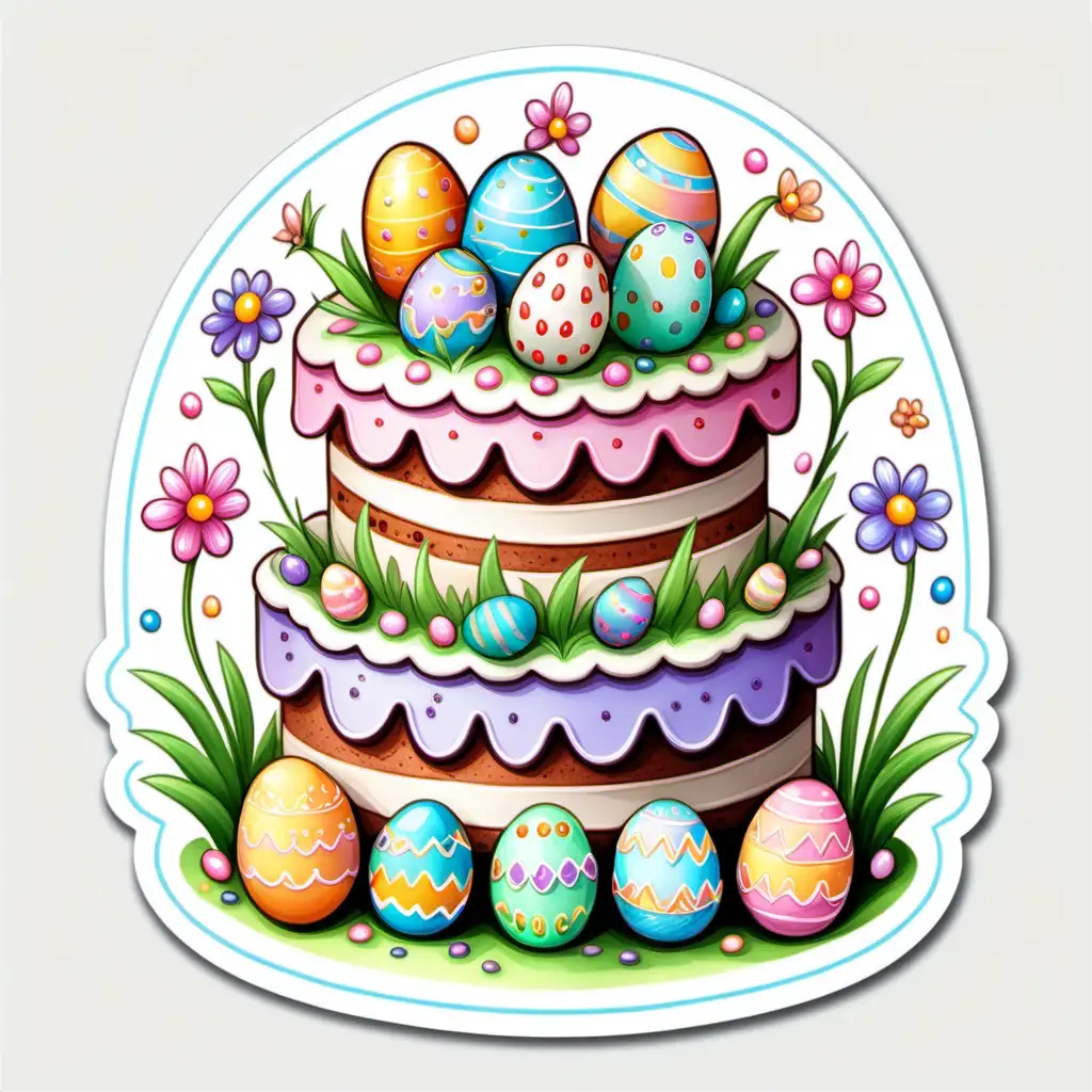 Whimsical Easter Cake Sticker on Bright Pastel White Background
