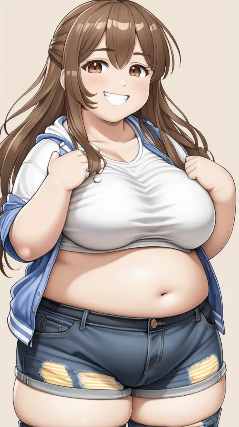 Tan skin, obese girl, tomboy, casual clothes, brown hair, messy hair, huge ass, tight clothes, anime, chibbi, smile, showing belly, 