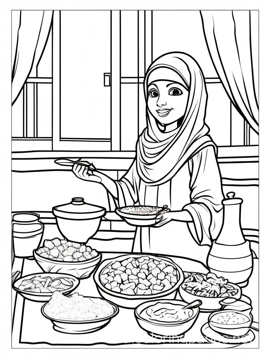 Suhoor (pre-dawn meal) preparations, Coloring Page, black and white, line art, white background, Simplicity, Ample White Space. The background of the coloring page is plain white to make it easy for young children to color within the lines. The outlines of all the subjects are easy to distinguish, making it simple for kids to color without too much difficulty