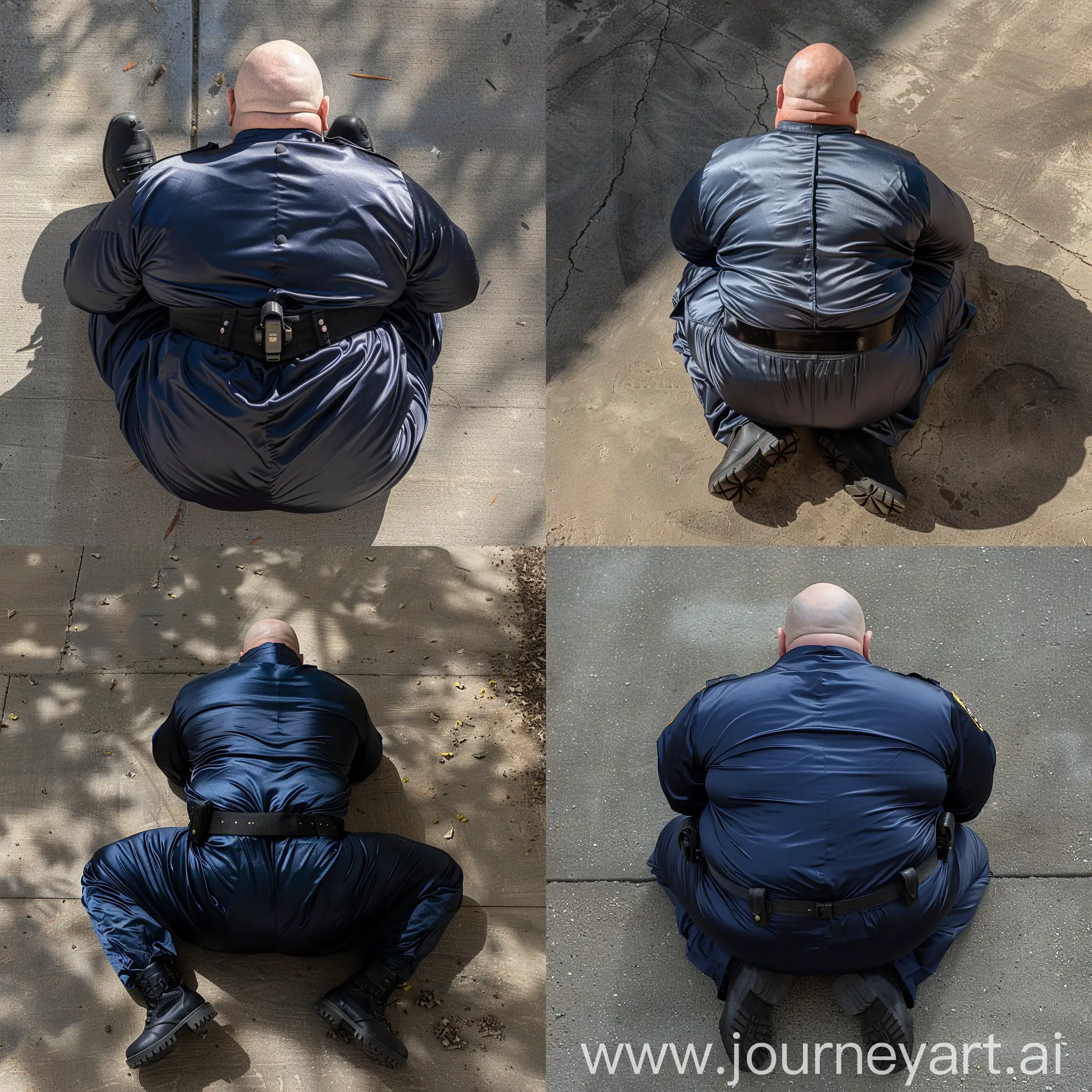 Aerial back view photo of a fat man aged 60 wearing a silk navy security guard skinny-fitted full coverall tucked in black tactical boots. Black tactical belt. Prone position on the ground. Outside. Bald. Clean Shaven. Natural light.