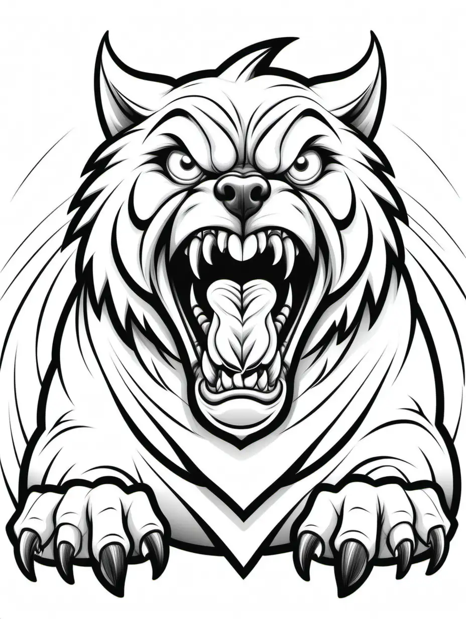 snarling dog for a coloring book, cartoon style, thick black lines, white background, 