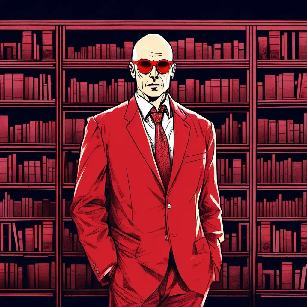 middle-aged man with pale skin, bald, dressed in a fancy red suit jacket and small sunglasses with small red lenses, standing in a library at night, line drawn, painted tones