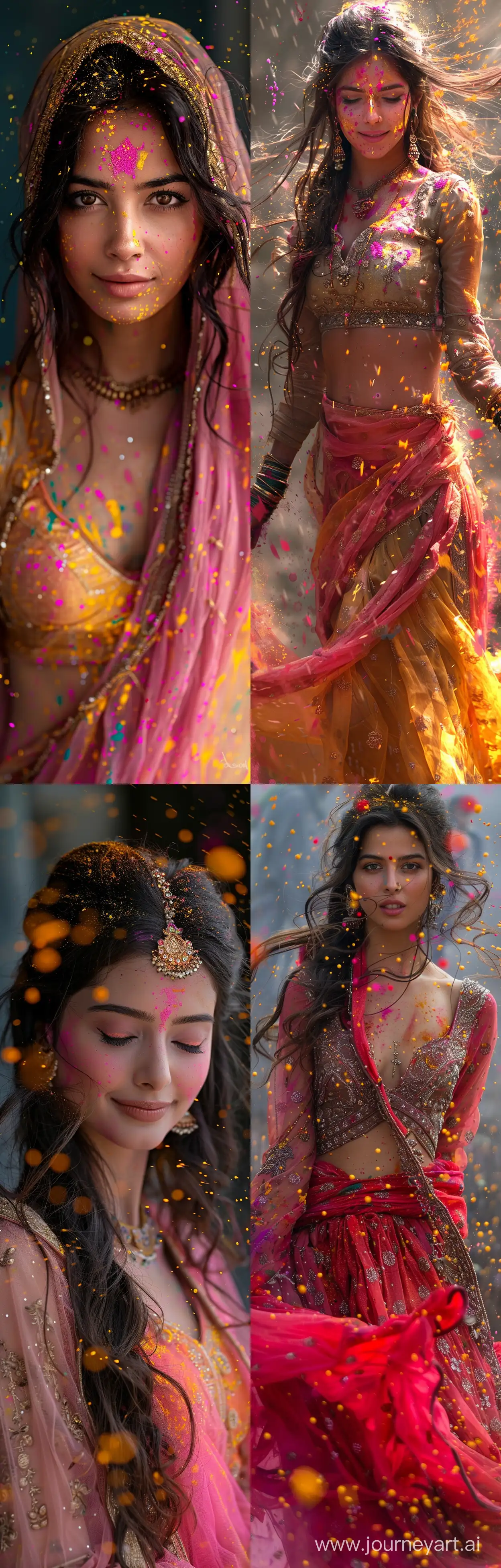 holi images with a beautiful Punjabi wo dancing around in colored paints, in the style of light gray and light bronze, spiritual meditations, dark gold and pink, bold and vibrant primary colors, expressive facial features, hurufiyya --ar 41:128 --stylize 750 --v 6