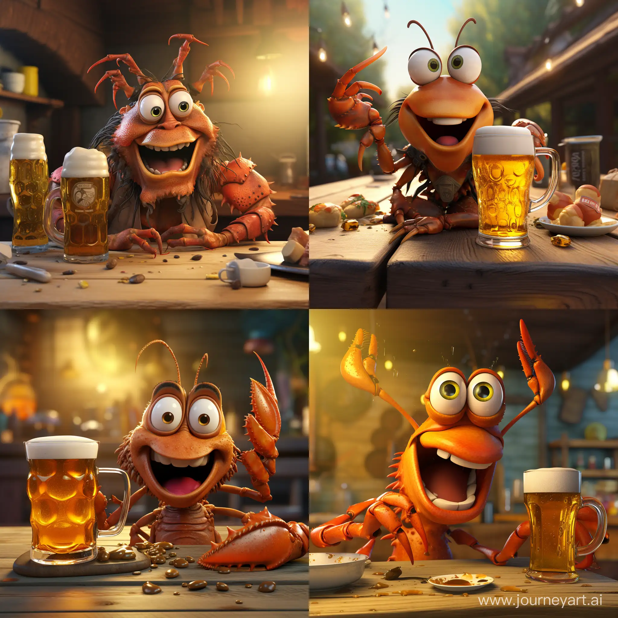 Crayfish with arms, legs and eyes drinking beer. 3D animation