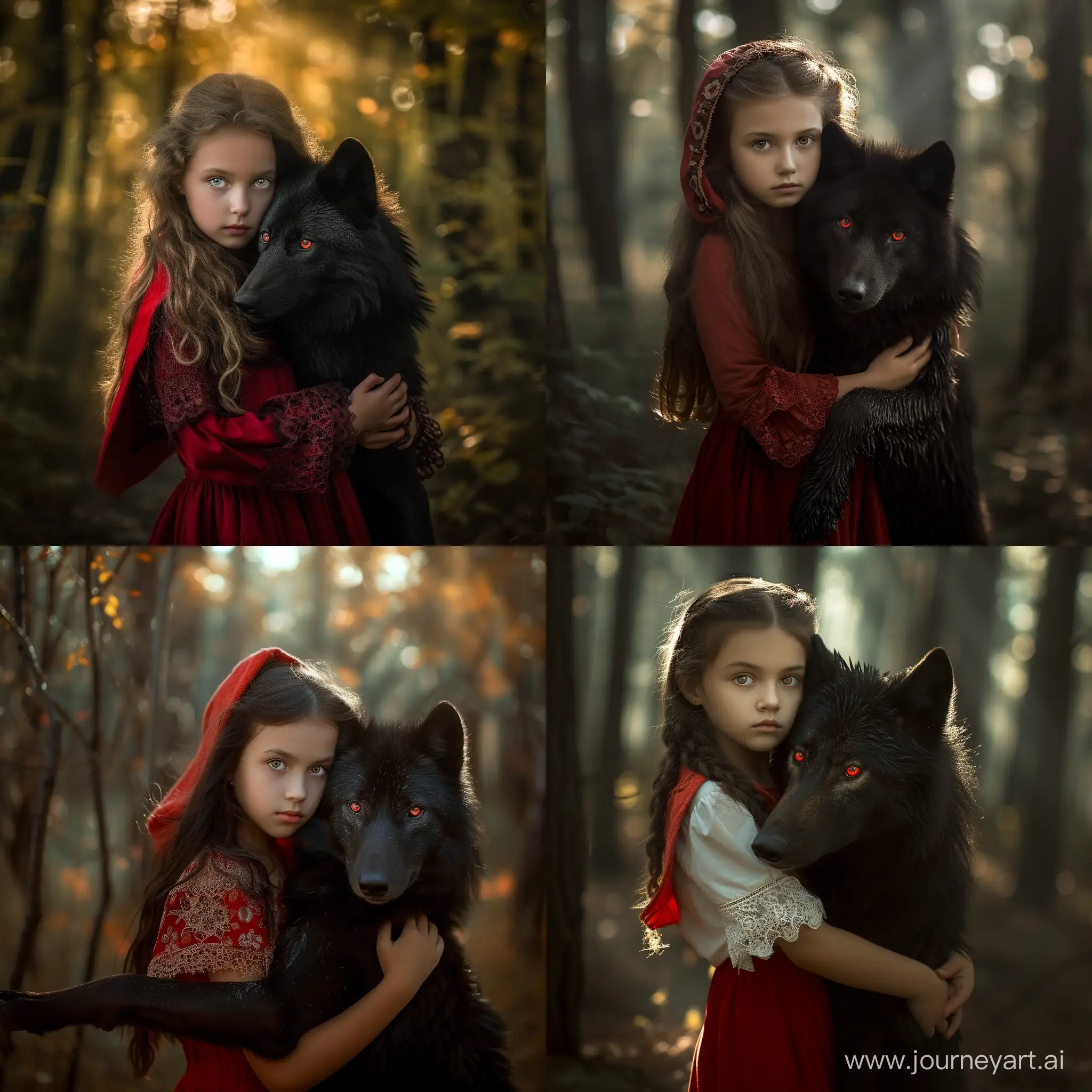 little red riding hood, pretty young girl, holds the black wolf in her arms, forest, light passing through the trees, wolf red eyes, realistic Portrait Photography, high quality photograph, In the style of Luis royo —style raw