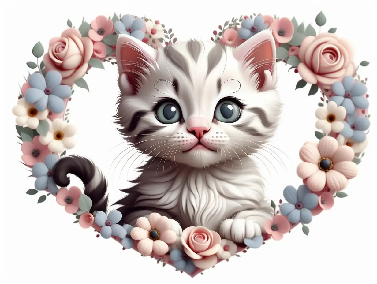 Adorable Kitten Portrait in a Floral Heart Shape Charming Nursery Art