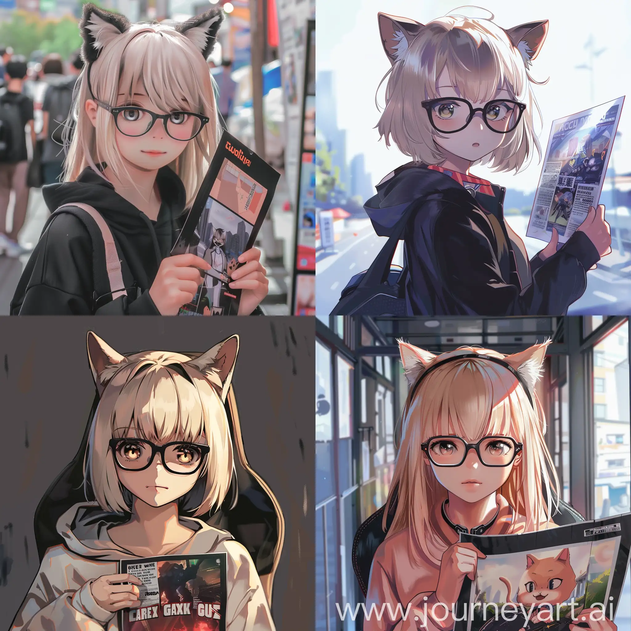 девушка геймер с ушками кота, держит в руках плакат, черные очки, светлые волосы, аниме стиль