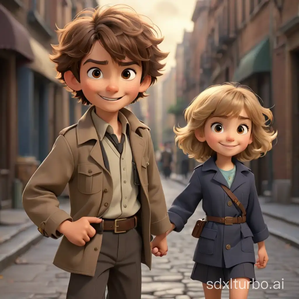a 6-year-old smiling boy with disheveled brown hair and brown eyes dressed as a detective holding hand with one 3-year-old sister with blond bob hair and brown eyes dressed as a spy pixar style