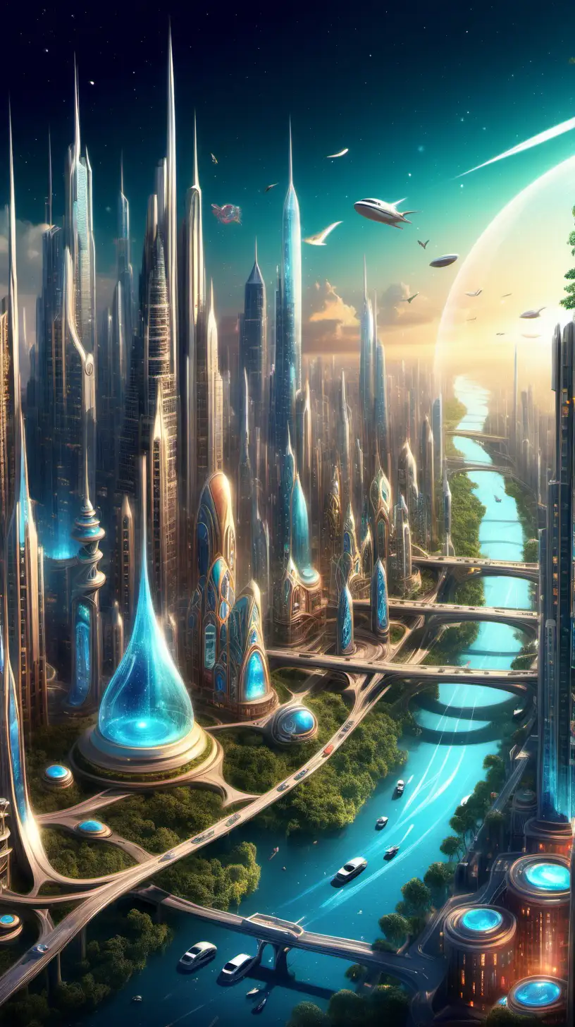 buat ilustrasi kota gaib saranjana yang gemerlap, modern, sangat indah, teknologi tinggi. 