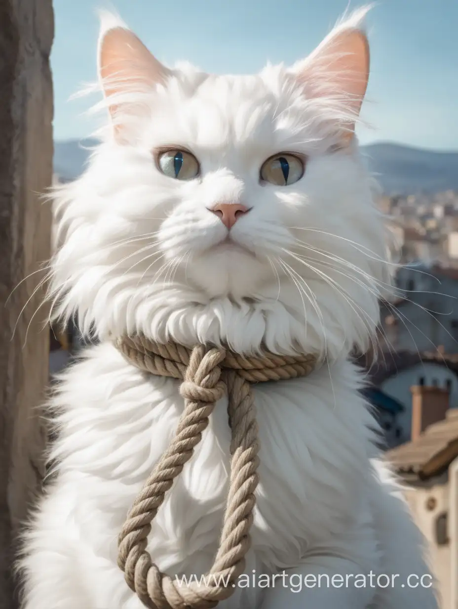 Белый фурри кот с верёвкой на шее смотрит в даль