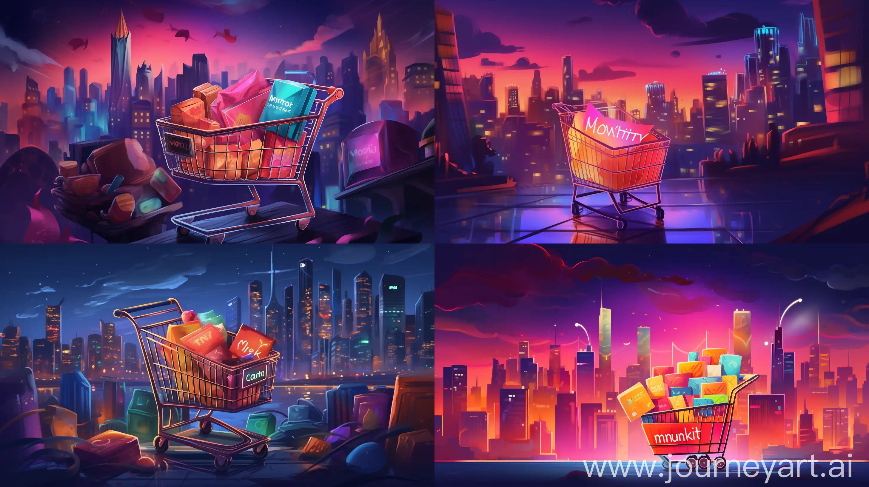  Kitomart ecommerce logo, a shopping cart filled with diverse items like electronics, beauty products, and snacks, against a bustling cityscape at dusk, conveying a one-stop-shop vibe, Vibrant and colorful illustration, digital painting in Procreate, --ar 16:9 --v 5