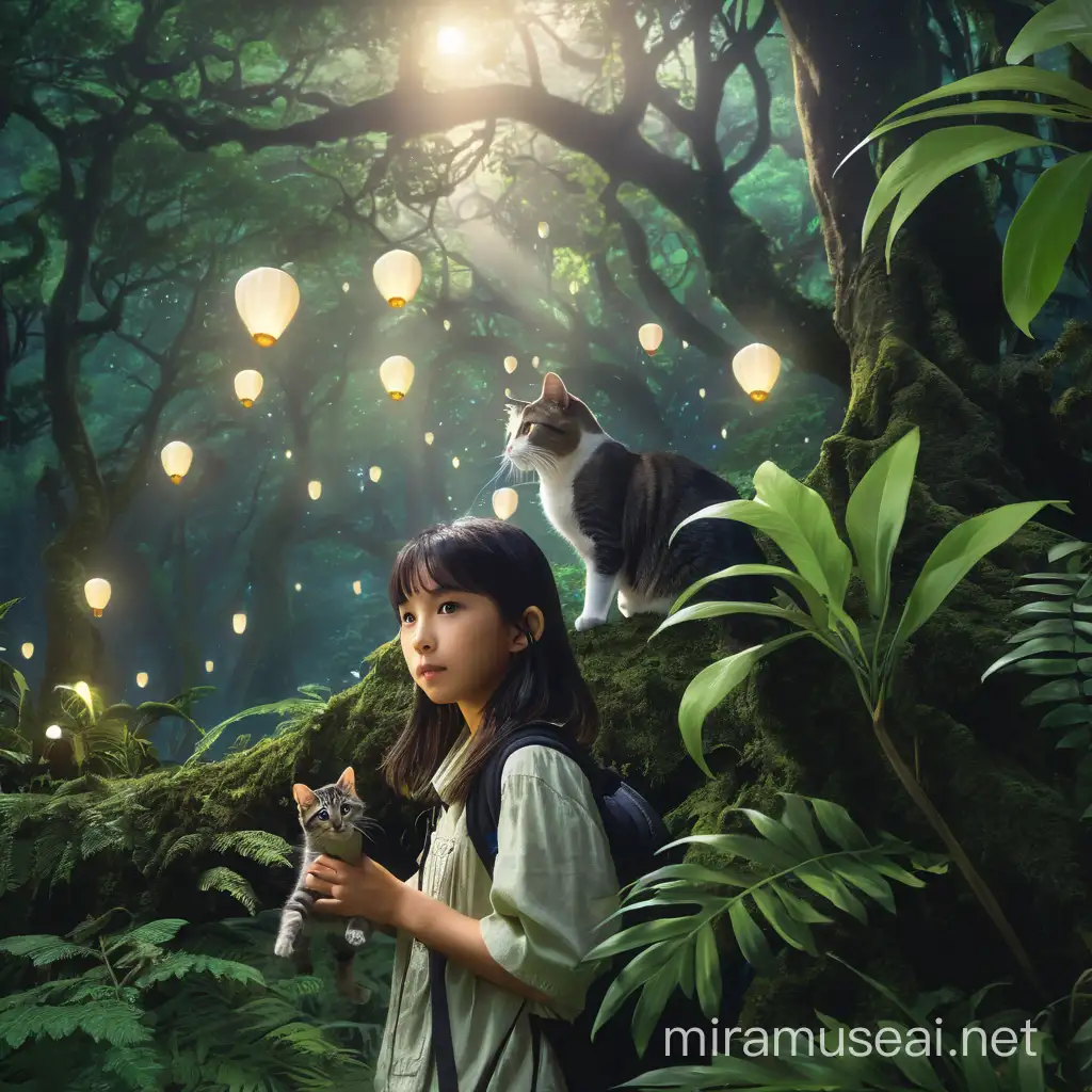 Enchanted Forest Adventure Little Girl with Cat and Dog under a