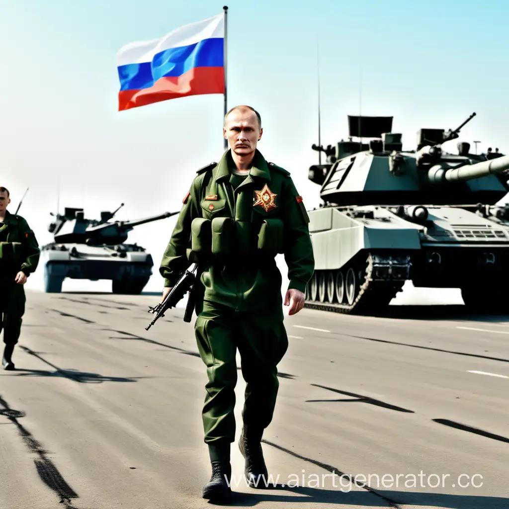 Russian-Officer-Walking-with-Tanks-and-Helicopters-in-Background