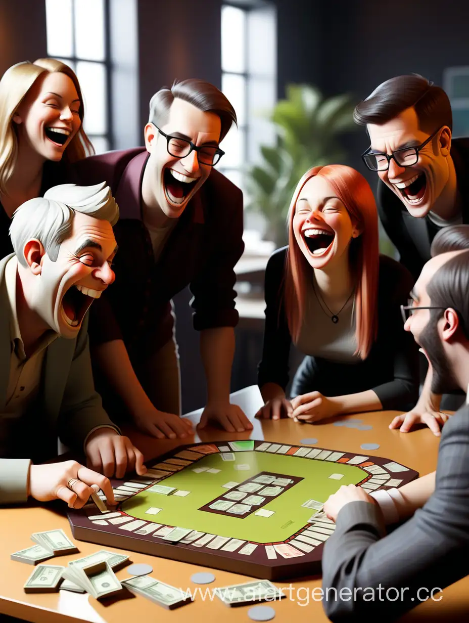 люди играют в настольную игру на деньги и смеются