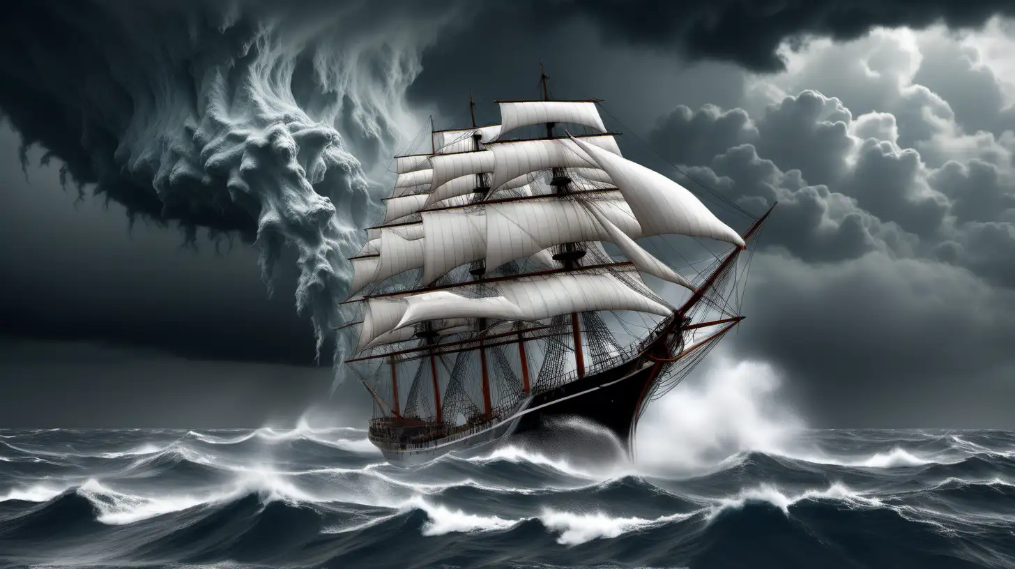 Create a picture where an environmental non-profit organisation that is taking action for sea, whales and is symbolized by a sailing ship is challenged by a storm on the ocean. In the background you also grey clouds en dust coming out a factory