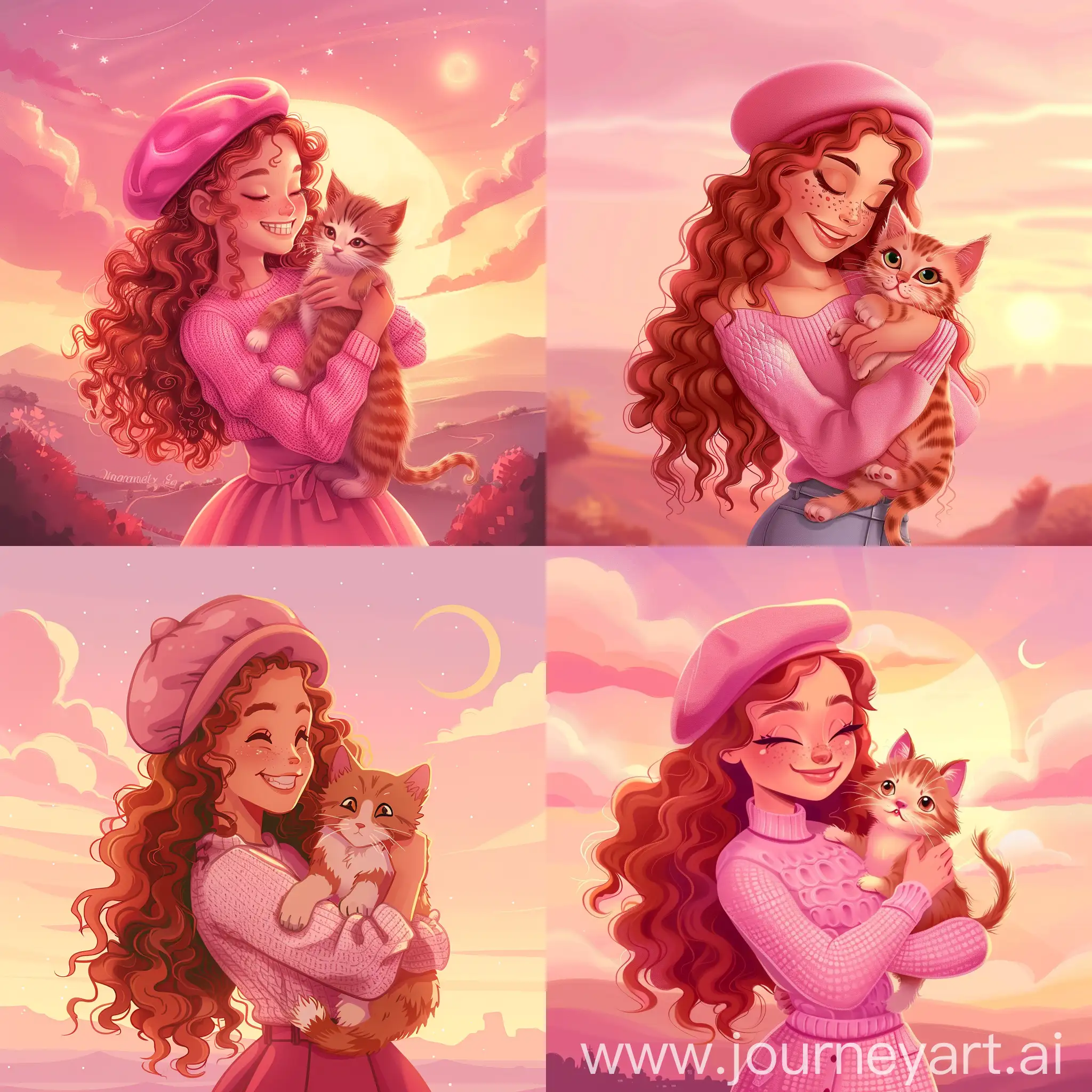 A beautiful girl in a pink beret and a pink knitted blouse with curly long red hair hugs a kitten and smiles sweetly at him, against the backdrop of a pink sunset, atmosphere, aesthetics, in high quality cartoon flat style