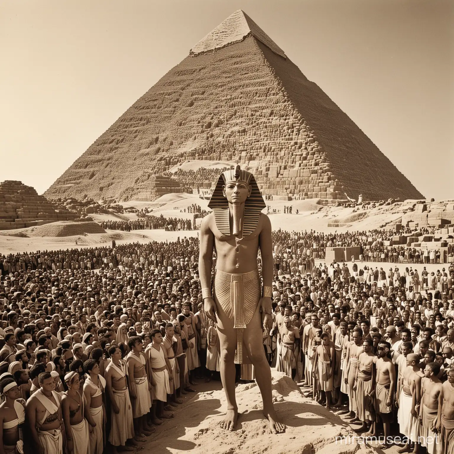 historic photo of pharaoh in egypt as he stands in front of a pyramid with thousands of followers praising him