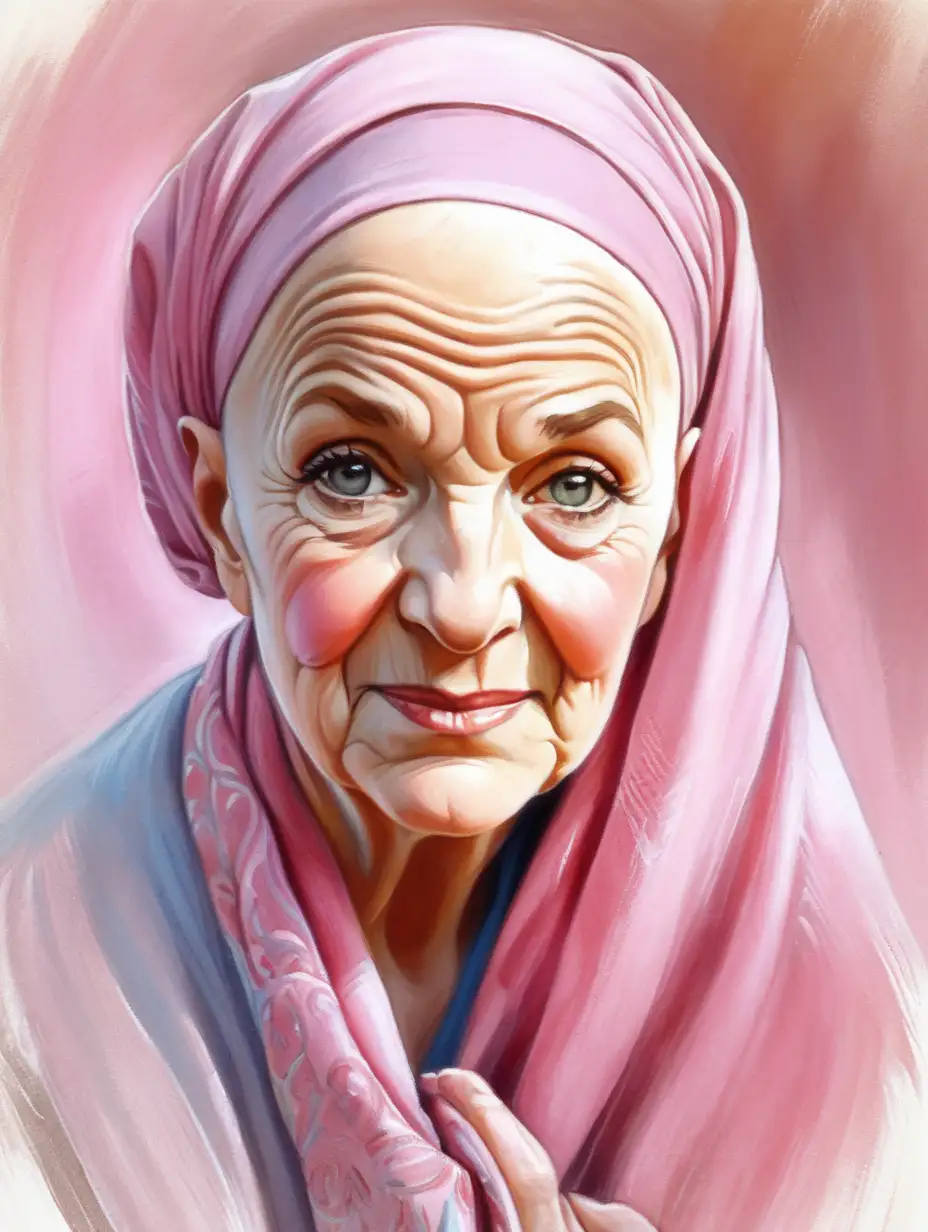 Courageous Survivor Empowering Impressionist Illustration of an Old Bald Woman Facing Breast Cancer with Headscarf