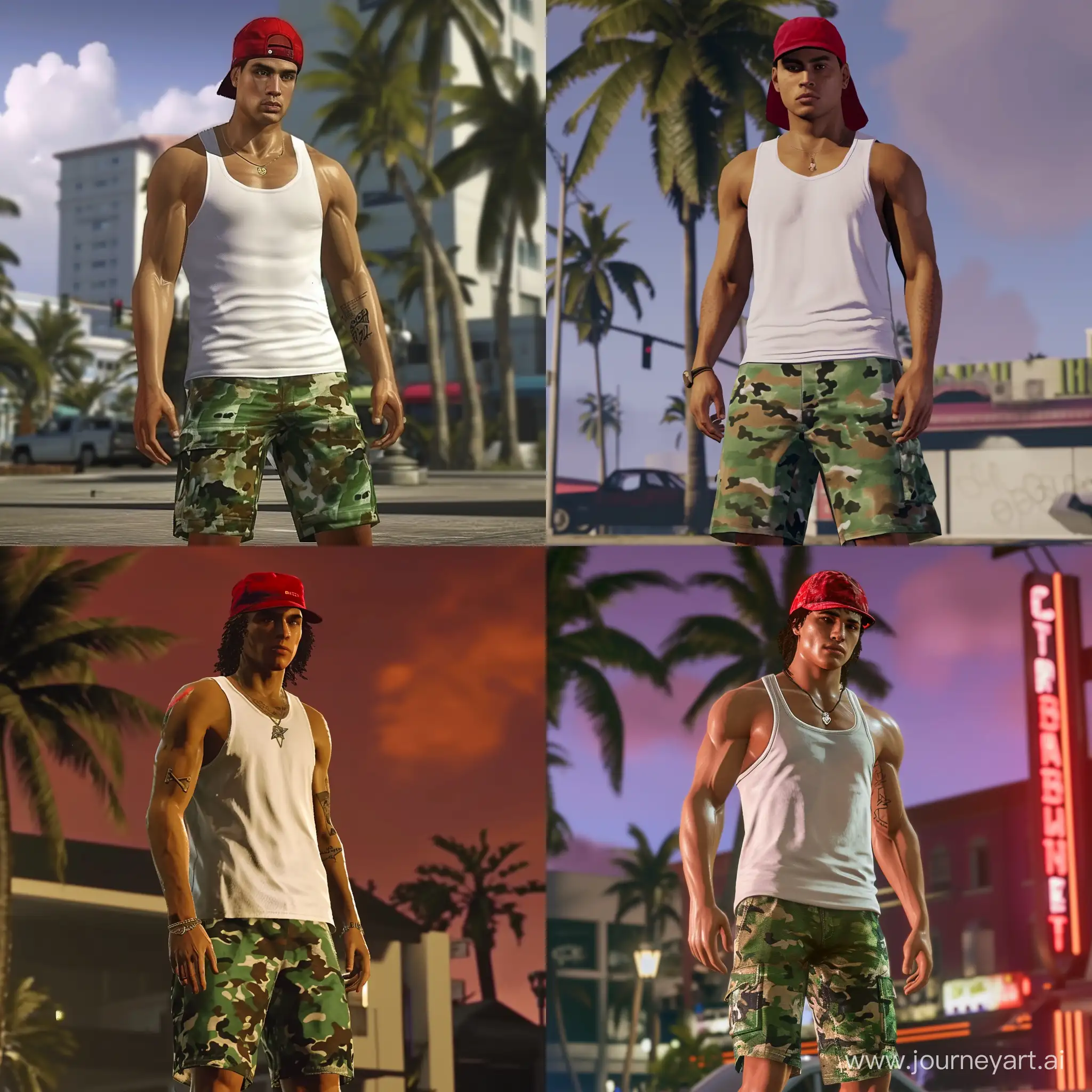 A screenshot of a hyper realistic game like GTA in the Vice City, character with white tanktop, red backwards hat, camo green shorts --v 6 