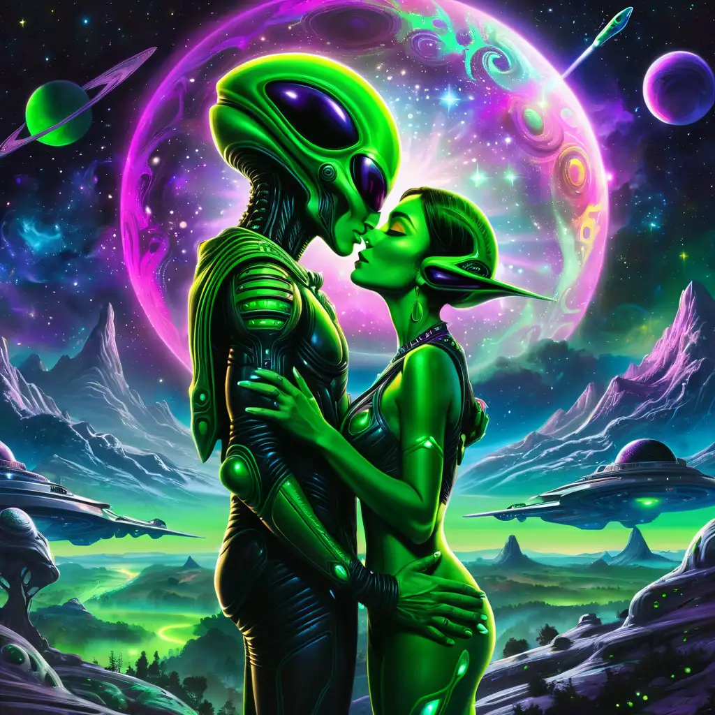 Alien graffiti masterpiece, lunar landscape backdrop, extraterrestrial couple, female and male aliens, extraterrestrial love, holding hands, hugging kissing, and smoking joints. Cosmic motifs, vibrant neon green hues, intelligently blended, richly saturated tones, star-studded sky, celestial bodies, nebulas, and spacecraft, cosmos-driven, intricate graffiti technique, futuristic design, digital artwork, high-resolution output, dynamic arrangement, urban street art feel, luminous highlights, intergalactic ambiance.